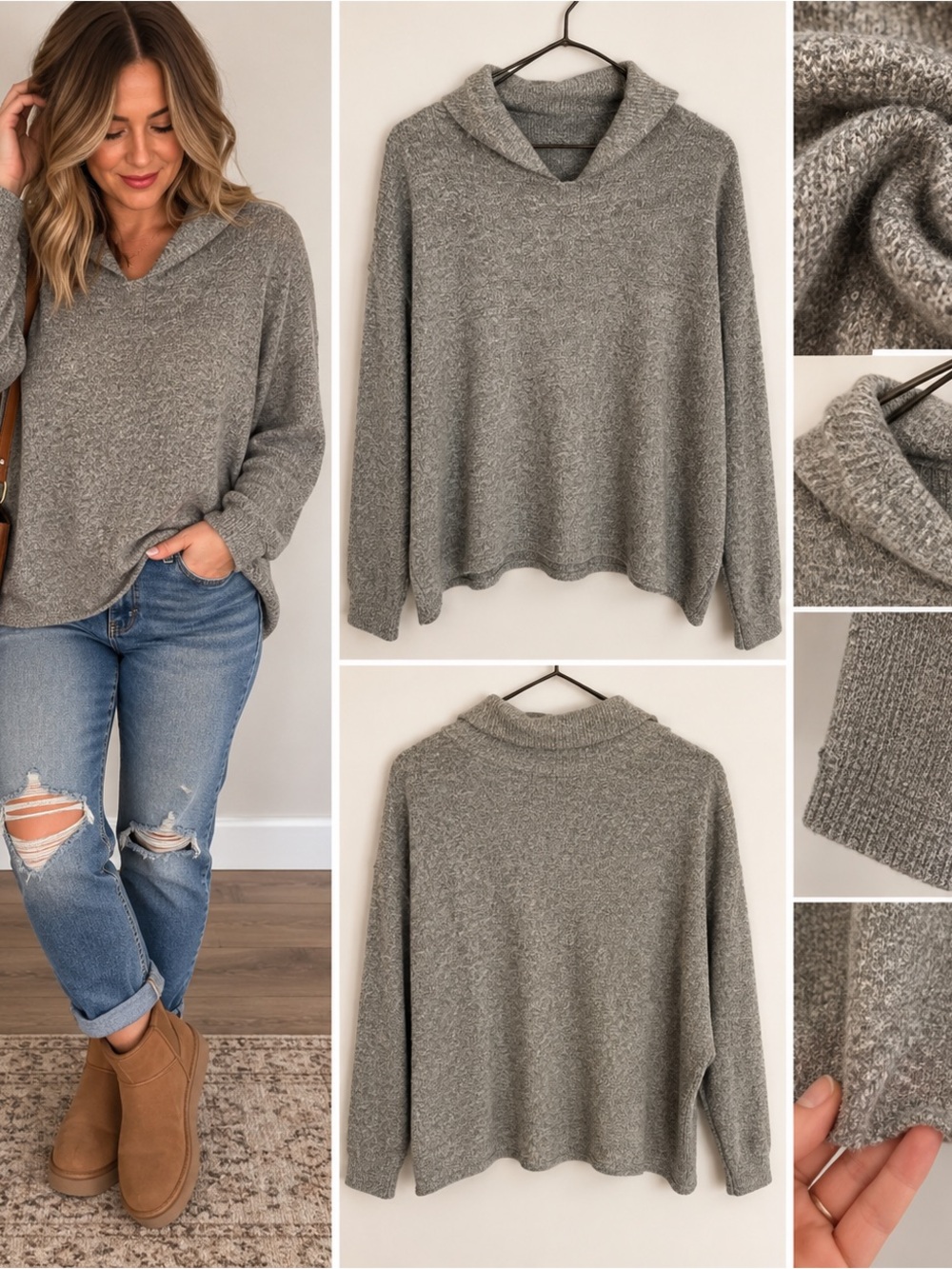 Lucky Brand Heather Gray Cowl Neck Knit Sweater